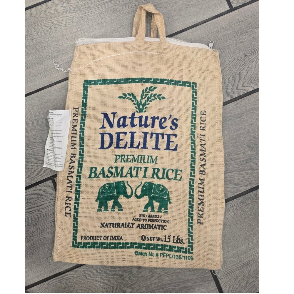 Natures Delite Basmati Rice Burlap Tote Bag Elephant Graphic Jute Zipper Handbag